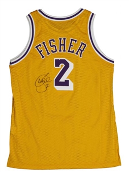 1998-99 Derek Fisher Game Worn and Signed Los Angeles Lakers Home Jersey (MEARS)